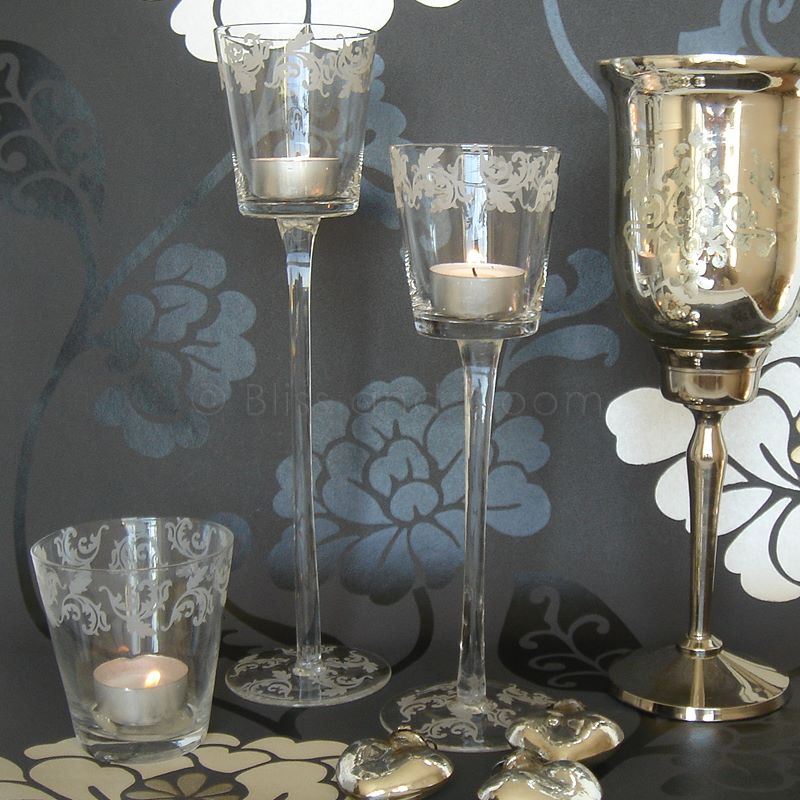 2 etched glass tlight holders Bliss and Bloom